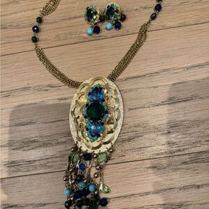 Vintage Gold and Blue Necklace and Earring Set